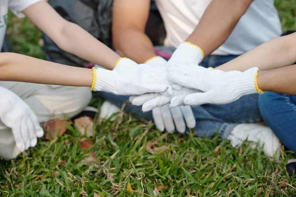 Volunteers Textile Gloves Stacking Hands Express Unity Finishing Picking Trash — Stock Photo, Image