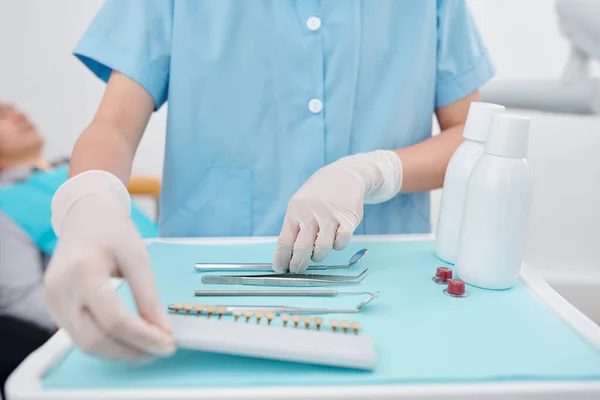 Hands Assistant Putting Clean Metal Tools Tray Dentist Preparing Workplace — Stock Photo, Image