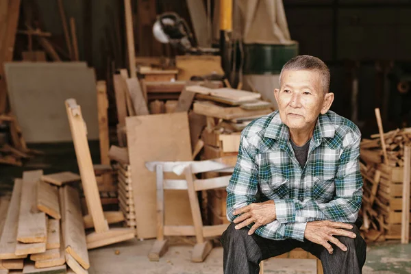 Portrait Pensive Experienced Senior Carpenter Plaid Shirt Resting Fishing Work — Stock Photo, Image