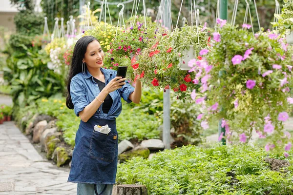 デニムエプロンのきれいな若いアジアの温室労働者は ソーシャルメディアのためのハンギングポットで咲くペチュニアの花を撮影 — ストック写真