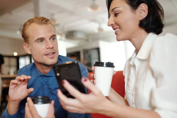 Excited Handsome Young Businessman Sharing His Creative Idea Colleague Drinking — Stock Photo, Image