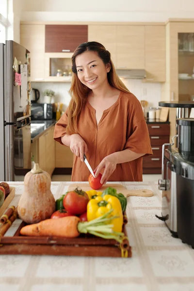 Portrait Smiling Pretty Young Woman Enjoying Cooking She Cutting Vegetables — Stock Photo, Image