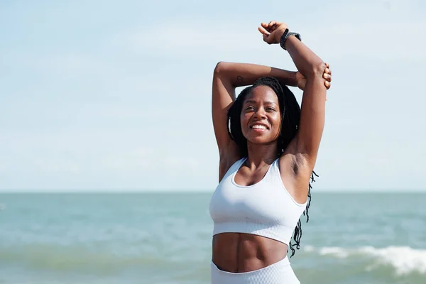 Portrait Cheerful Fit Young Sportswoman Stretching Back Standing Beach — Stock Photo, Image