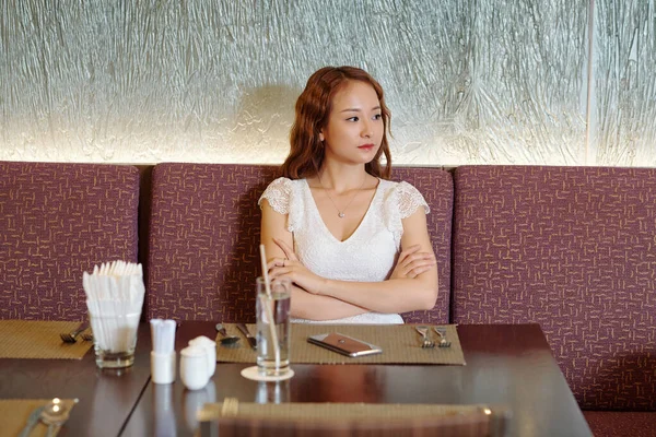 Unhappy Pensive Young Woman Sitting Cafe Table Glass Fresh Water — Stock Photo, Image