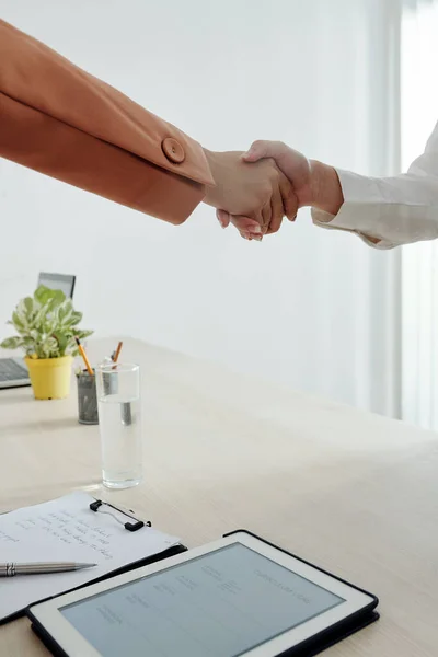 Gewassen Imago Van Human Resources Manager Aanvrager Schudden Handen Succesvol — Stockfoto