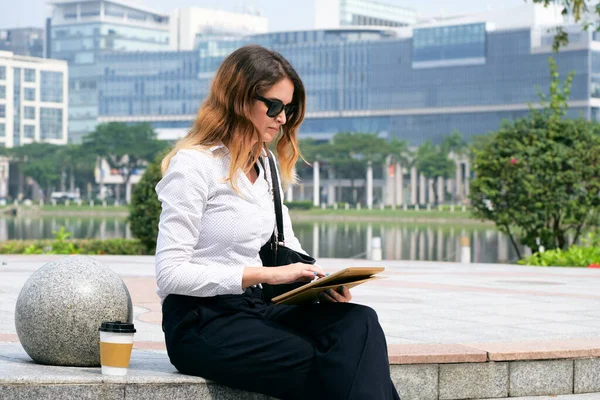 Reporte de lectura de empresaria en línea — Foto de Stock