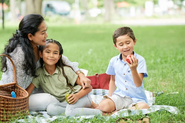 Familjen sitter på en picknick — Stockfoto