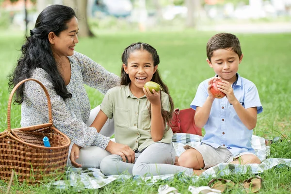 Madre con bambini seduti su un picnic — Foto Stock