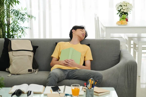 Chico cayó dormido después de leer —  Fotos de Stock