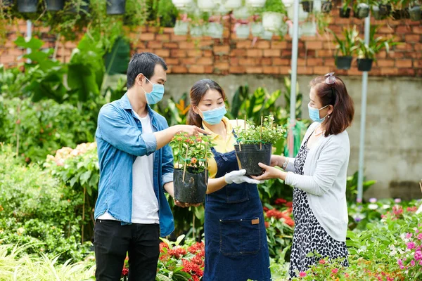 Klanten praten met tuincentrum werknemer — Stockfoto