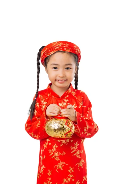 Cute girl in ao dai dress — Stock Photo, Image