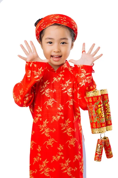 Girl with firecrackers — Stock Photo, Image