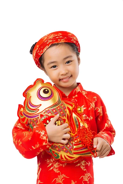 Girl with stuffed fish — Stock Photo, Image