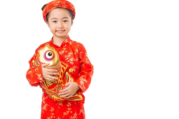 Girl with toy brocaded carp — Stock Photo, Image