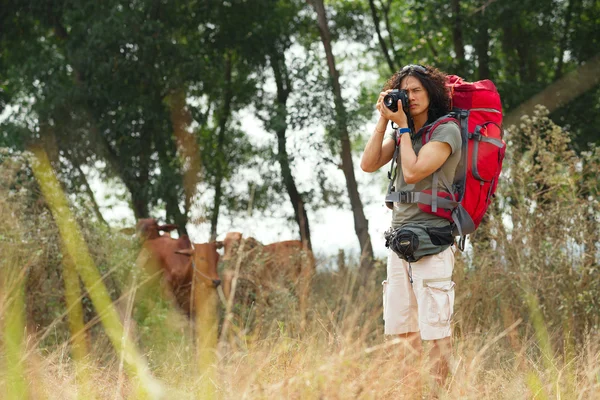 Турист с рюкзаком делает фотографии — стоковое фото
