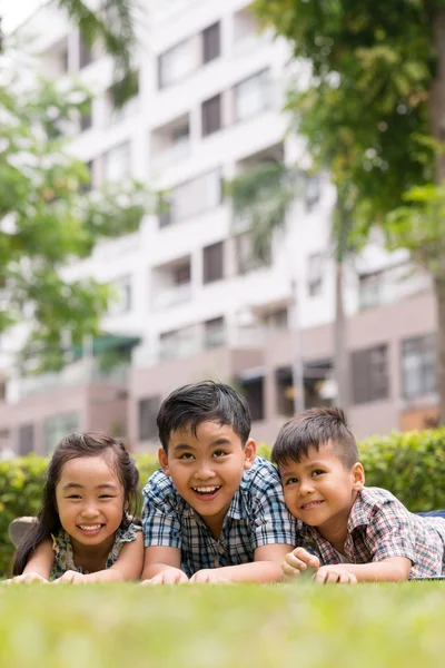 Niños felices sobre hierba verde —  Fotos de Stock