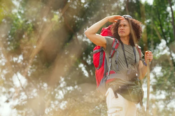 Mixed-race hiker looking into the distance — Stock Photo, Image