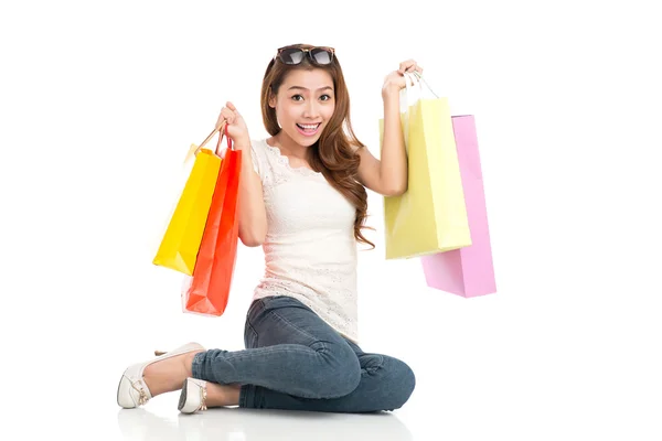 Shopaholic con bolsas de papel — Foto de Stock