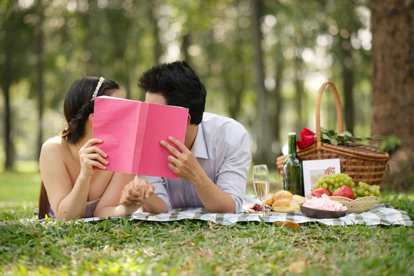 Par kyssas på romantiska picknicken — Stockfoto