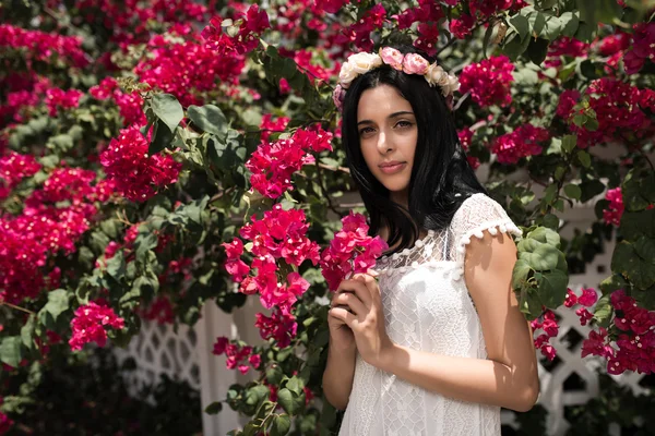 Morena perto de árvore de flores — Fotografia de Stock