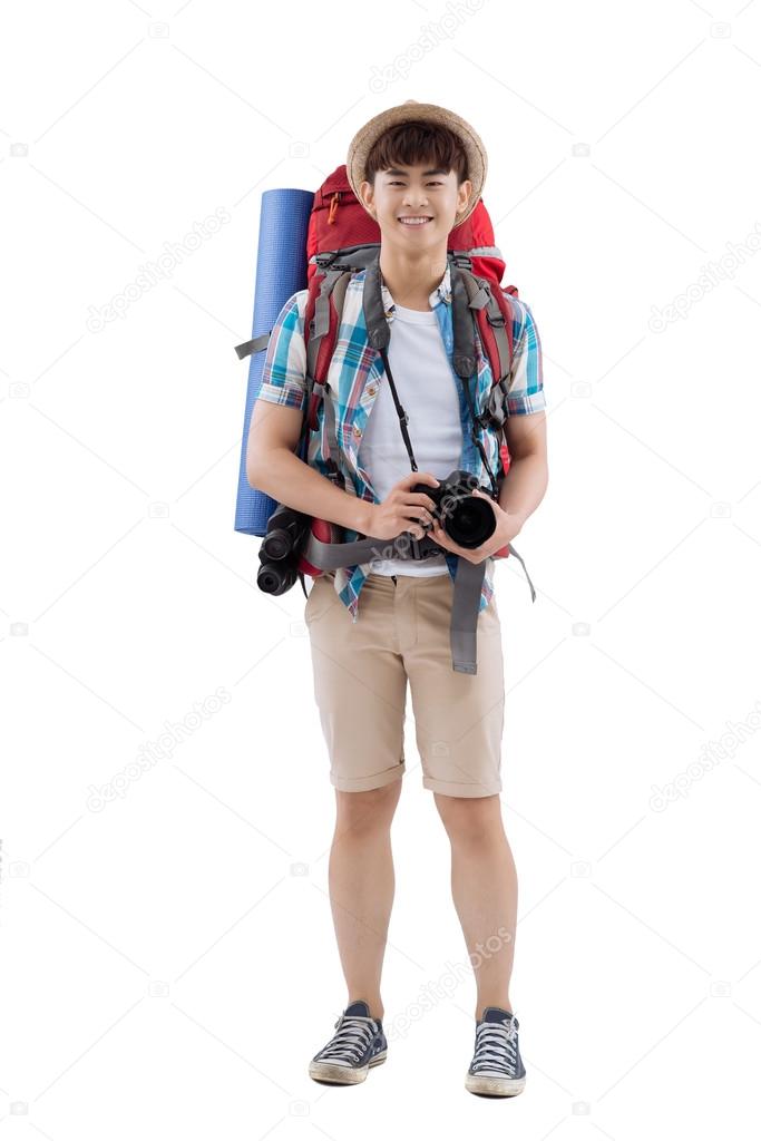 Asian hiker with a digital camera