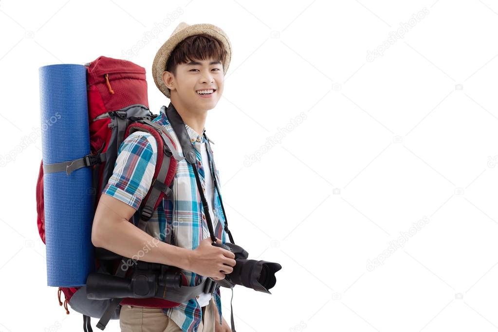 Asian backpacker with professional camera