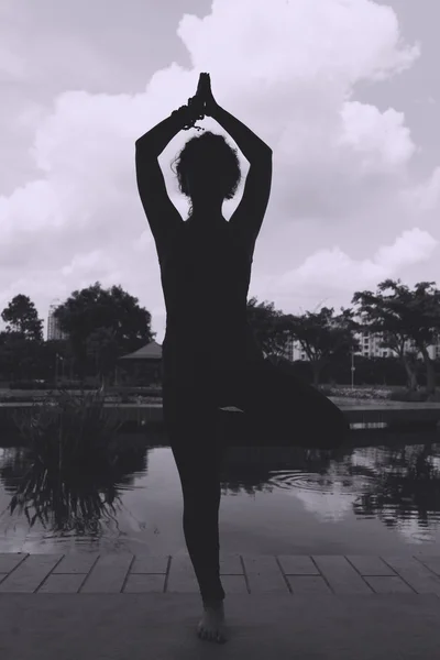 Full Length Monochrome Image Slender Woman Meditating — Stock Photo, Image