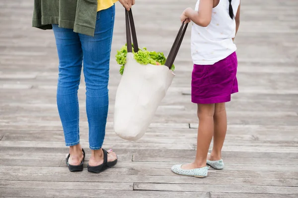 mother and daughter holding bag with groceries