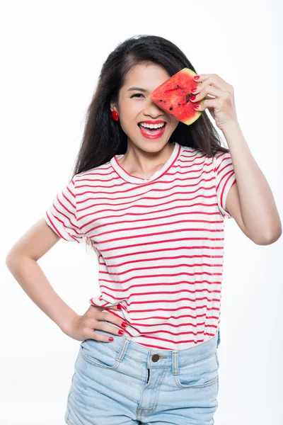 Frau mit Wassermelone — Stockfoto