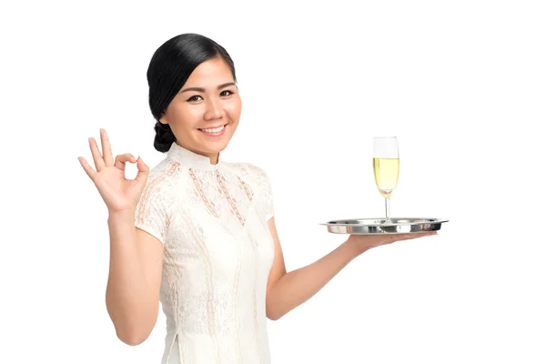 Donna con champagne mostrando segno ok — Foto Stock