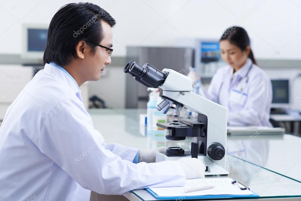 Researcher working with microscope