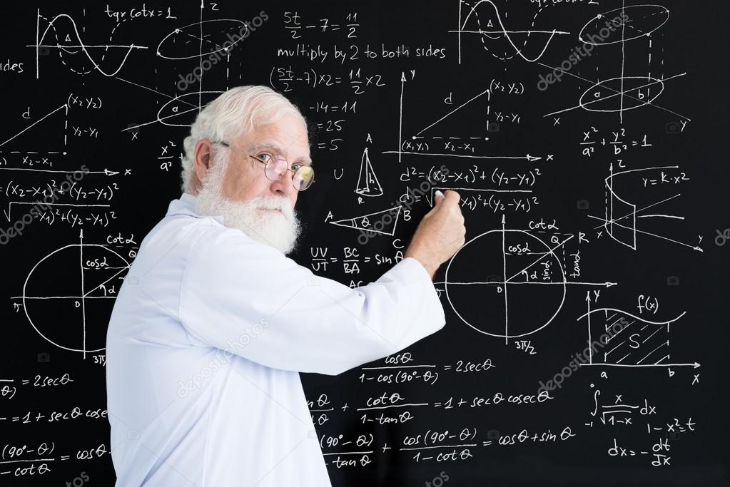 Senior scientist writing charts and formulas