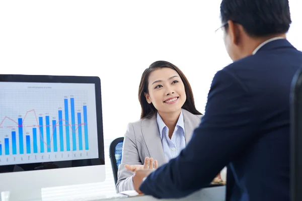 Lady Talking about statistics — Stock Photo, Image