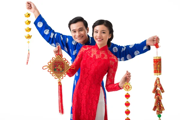 Couple with various decorations — Stock Photo, Image