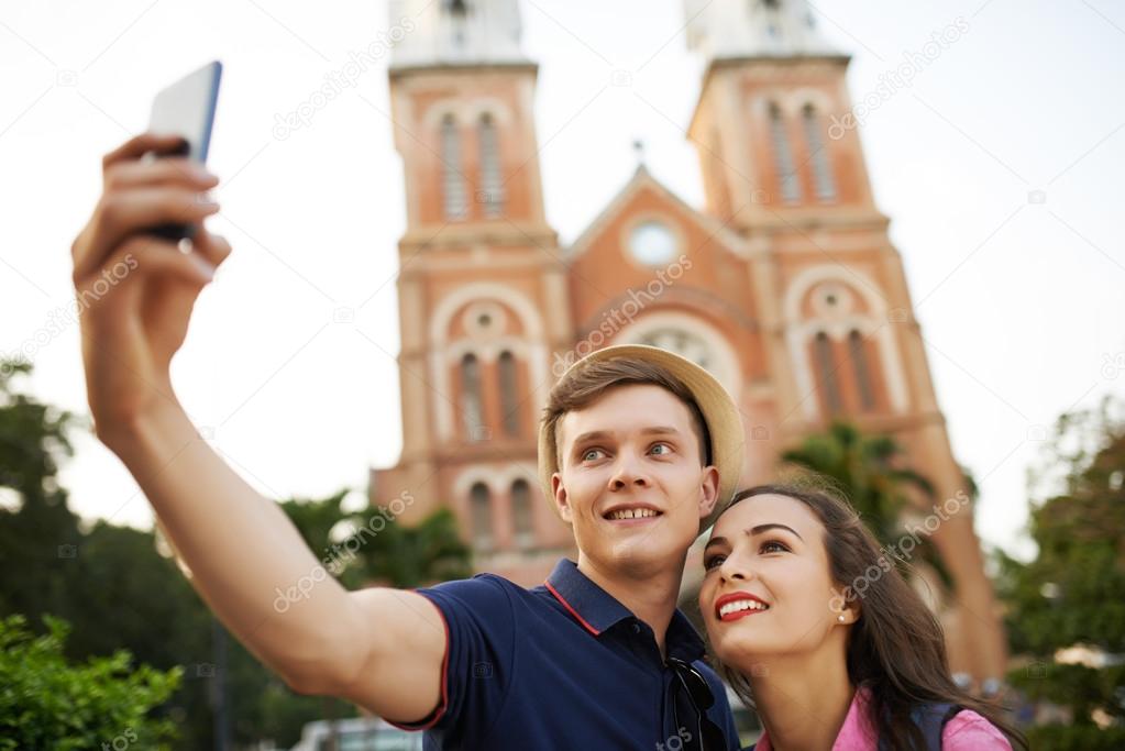 Travellers taking selfe