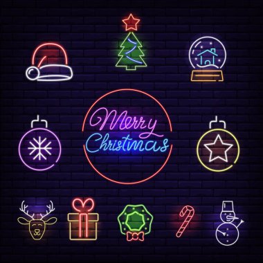Siyah zemin üzerinde ince renkli çizgileri olan neon tarzı Noel simgeleri