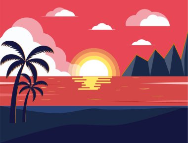 Vektör çizimi - manzara. Deniz, dağlar, palmiye ağaçları. Gün doğumu.