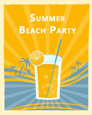 Plaj partisine retro tarzında davetiye için üzerinde bir bardak portakal suyu olan poster.