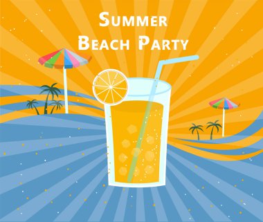Yaz partisi ilanı. Bir bardak portakal suyu, pipetli ve buzlu retro tarzı.