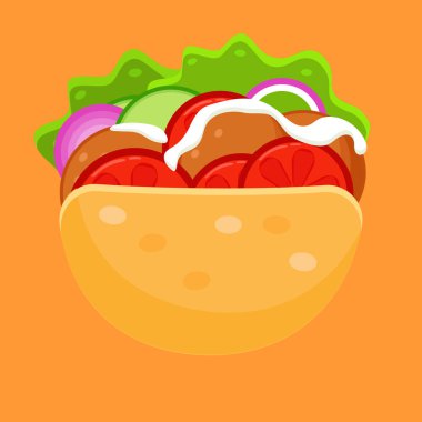 Sebzeli pide köfte. Bir domates. Soğan, salatalık ve yoğurt.