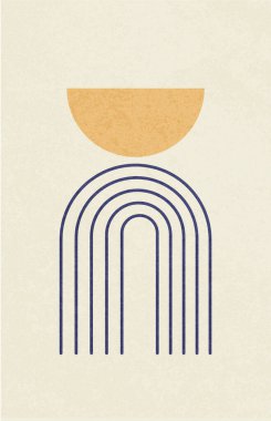 Geometrik denge şekilleri, gökkuşağı ve güneş ile soyut çağdaş estetik arka plan. Boho duvar dekoru. Orta yüzyıl modern minimalist sanat baskısı. Organik şekil.