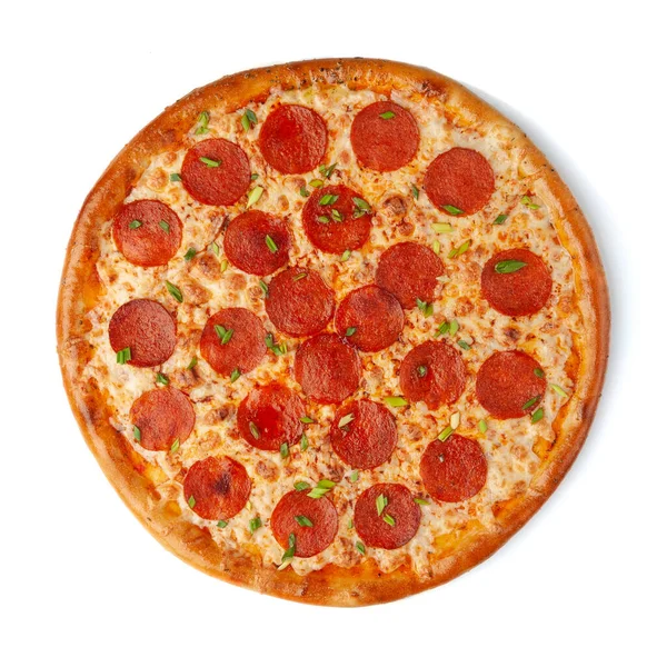 Pizza Peproni Com Queijo Mussarela Salsichas Pepperoni Cebola Verde Vista — Fotografia de Stock