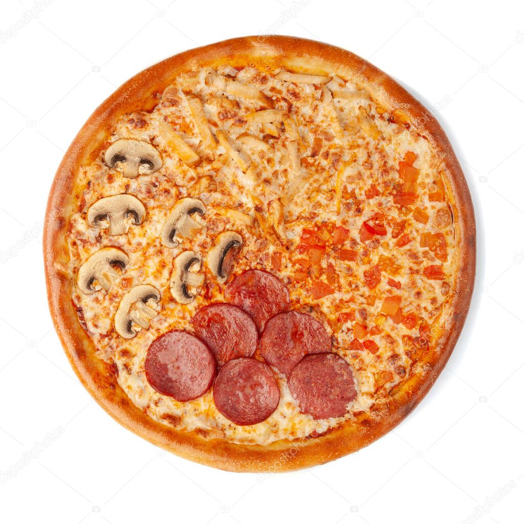 Pizza with four fillings. Spicy cervelat, juicy chicken, tomatoes, mozzarella cheese, mushrooms, tomato sauce. View from above. White background. Isolated.