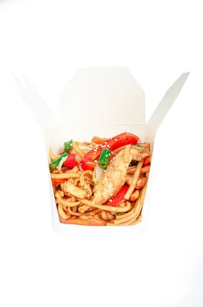 Wok Noodles Chicken Vegetables Shipping Box Ingredients Visible Close White — Stock Photo, Image