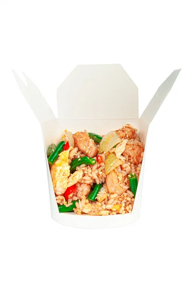 Boiled Rice Chicken Vegetables Shipping Box Ingredients Visible Close White — Stock Photo, Image