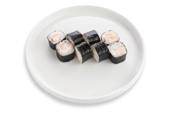 Maki Sushi Shrimp Cream Cheese White Ceramic Plate White Background — Stock Photo, Image