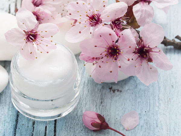 Natural facial cream with beauty cherry blossoms on wooden background — Stock Photo, Image