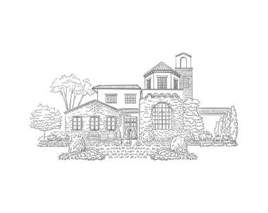 Tarz malikanesi, mülkü, tarihi binası olan bir illüstrasyon. Siyah ve Beyaz düğün yeri, mimari