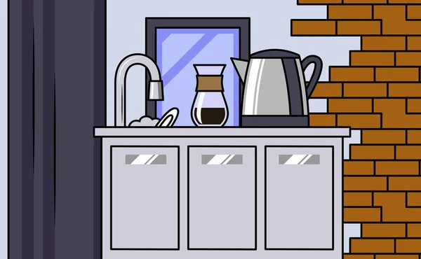 Cocina Interior Simple Diseño Plano Ilustración Vectorial Con Mesa Tetera — Vector de stock