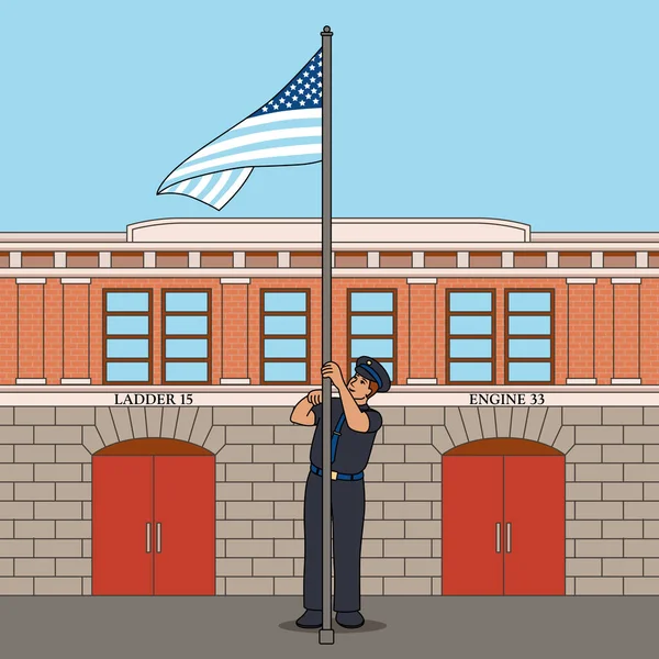 Strażak podnosi flagę USA, wektor płaska ilustracja sztuki — Wektor stockowy